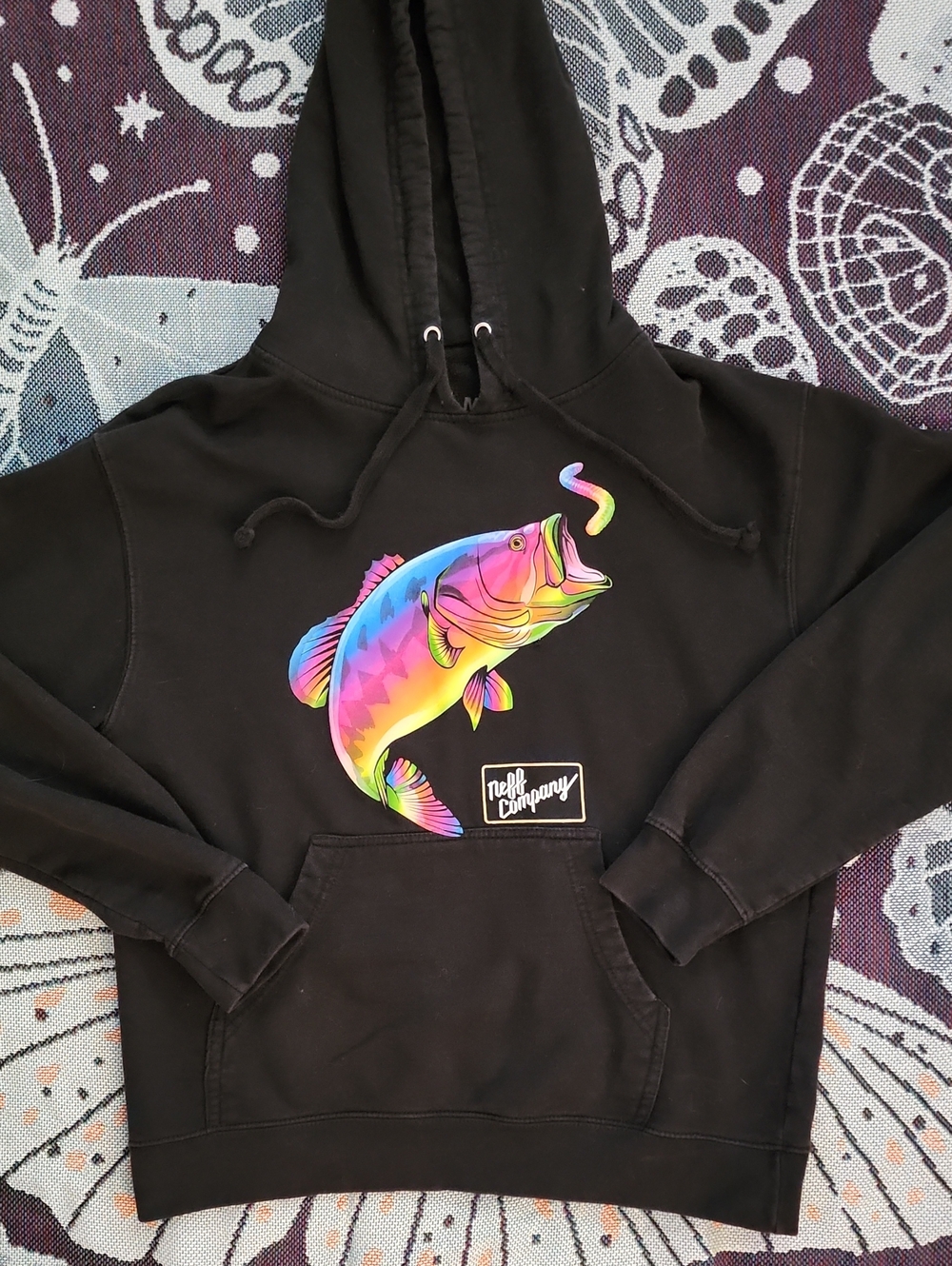 Neff Black Hoodie with Rainbow Bass Graphic – Size Medium